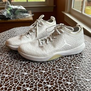 White Nike Jordan Men’s Trainers; Size 8.5. Used but overall nice condition.